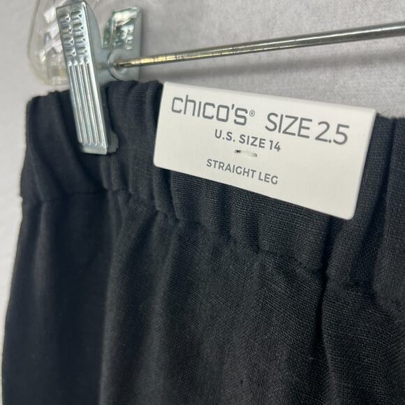 CHICOS Pants 2.5 14 Linen Crop Straight Leg Eyelet Hem Elastic Waist Black NEW - Picture 9 of 16